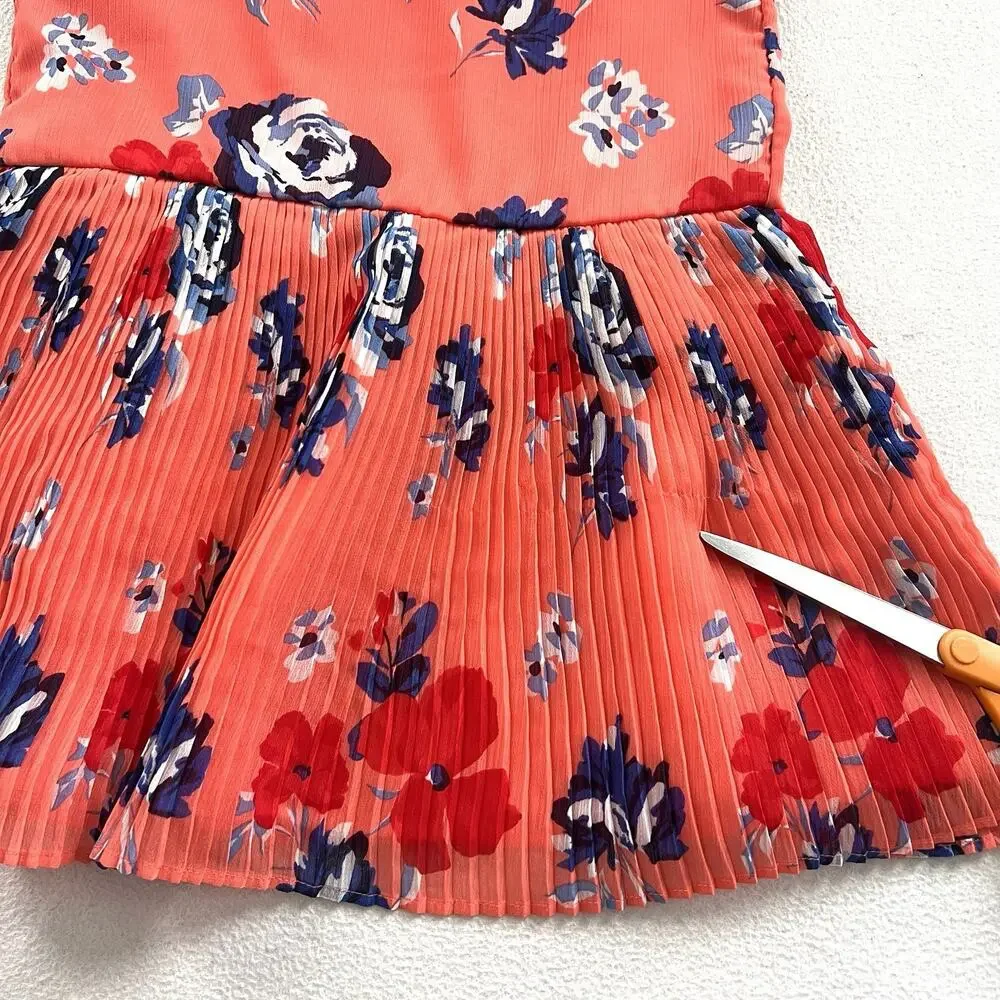 Janie And Jack Girl Vivid Coral Floral Print Chiffon Pleated Sleeveless Dress 6